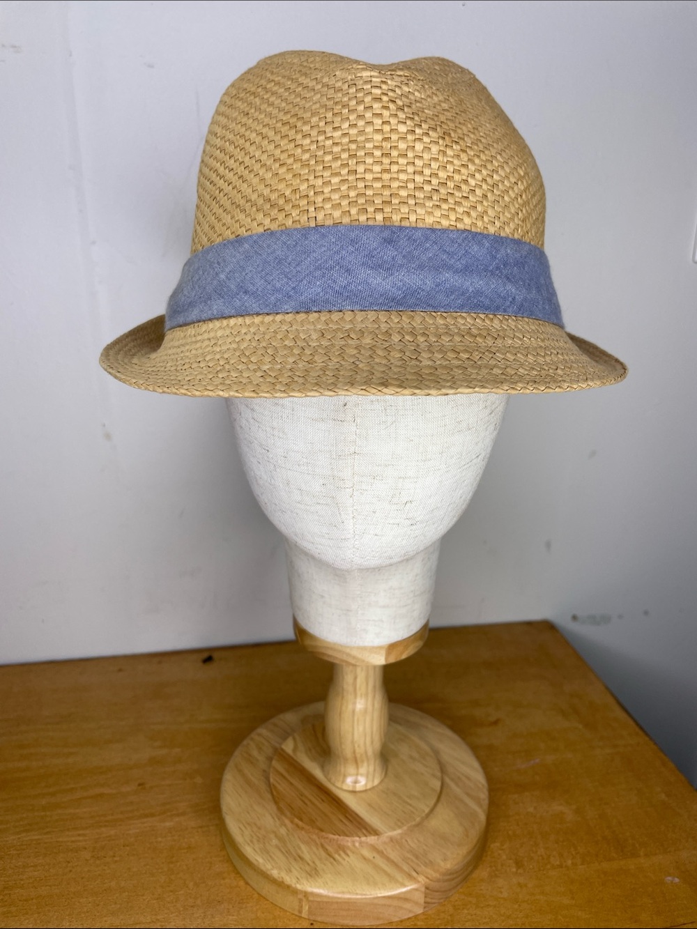 H&M Tan Straw Trilby with Light Blue Band